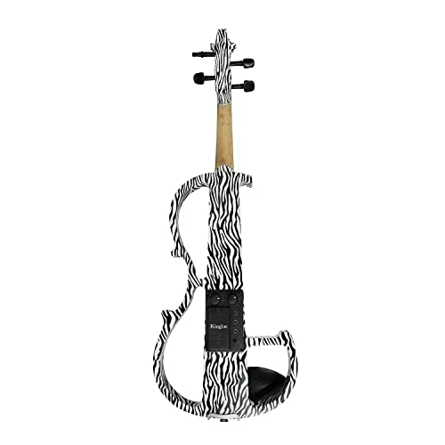 Image of Kinglos. Visual-Art Advanced Electric Violin 4 /4 Full Size Ebony Fittings | Kit Incl. Case Bow Shoulder Rest Aux Cable Spare Bridge Strings - Solid Wood White Zebra Silent Violin Set for Adult Beginner