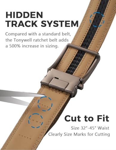 Image of Tonywell Men's Leather Ratchet Belt, 1 3 /8 inch Adjustable Dress Belt, Trim to Fit