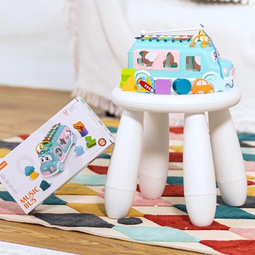 Image of LONGMIRE Plastic Musical Happy Bus Toy Baby Toys 6-18 Months with Xylophone & Shape Sorter Push & Pull Educational and Learning Toys for 1 2 3 4 5 Year Old Gift for Toddlers-Blue