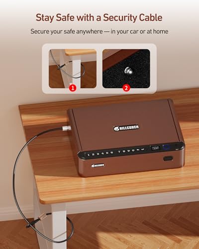 BILLCONCH Smart Gun Safe with Security Cable - Biometric Gun Safe for Handgun 4 Ways Quick Access with Fingerprint/Keypad/Key/APP Lock for Bedside Home Car with LCD/Voice Guide - Brown