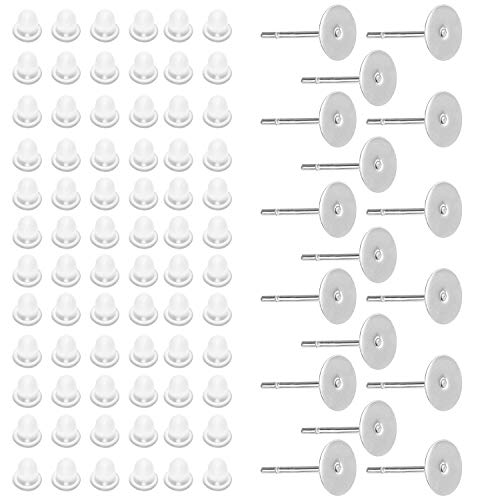 TOAOB 100 Pairs 5mm Hypoallergenic Stainless Steel Earring Posts Flat Pad Blanks Pin Studs and Clear Rubber Earring Backs Jewelry Making Findings