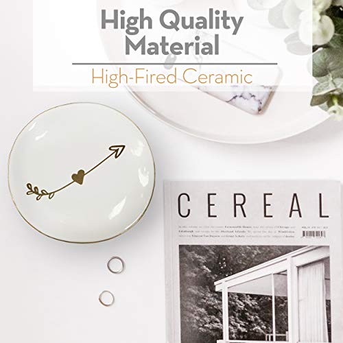 Ceramic Heart with Arrow Ring Holder White & Decorative Gold | Ring, Bracelet, Jewelry, Trinket Tray/Dish | Great for Wedding Ring, Earrings, Diamond Ring & Engagement Ring Holder | Office & Home Decor