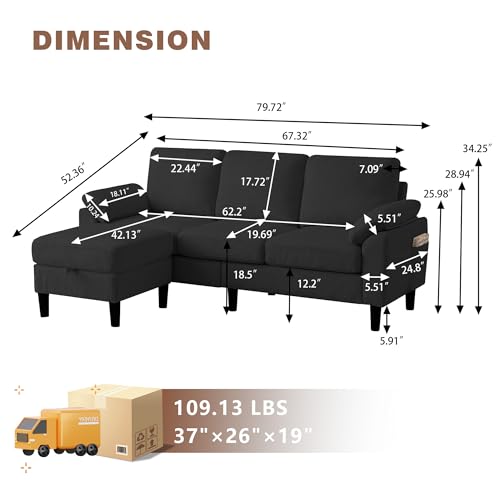 Image of 80''L Shaped Sectional Sofa Couch, 3 Seater Corduroy Sofa with Storage Ottoman, Removable & Washable Cushion Covers, Side Pockets, Modern L Couch for Living Room, Black