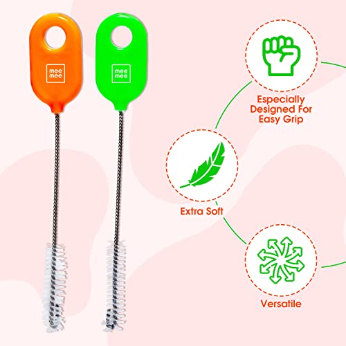 Image of Mee Mee Straw & Teat Cleaning Brush (Green /Orange) (Pack of 2, with Easy Grip)