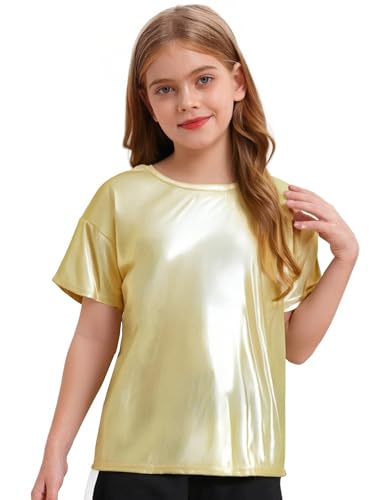 dPois Camiseta Manga Corta para Niña Niño Top de Danza Baile Metálico Brillante Camiseta de Danza Hip Hop Otoño Casual Unisex Ropa de Fiesta Actuación A Dorado 5-6 años