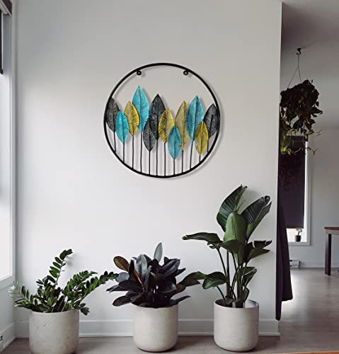 Image of iHandikart Modern Circular Metal Wall Art | 23x23 Inch Round Leaves Sculpture | Gold, Blue, & Black Framed Decor for Living Room, Bedroom, and Office
