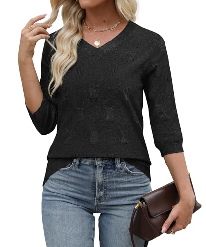 Womens Sweaters 3/4 Sleeve Tops V Neck Shirts Loose Casual Tunic Blouses2