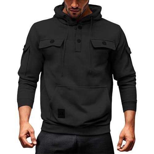 Wmmner Hoodies for Men Casual Drawsthooded Sweatshirts Solid Fall Shirt Long Sleeve Tops Mens Fashion Pullover with Pocket/Negro/L