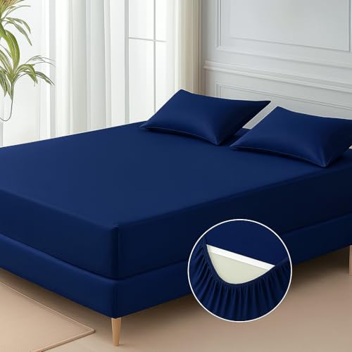 Image of 600 TC 100% Egyptian Cotton Fitted Sheet for Supper King Bed Size Fitted Bed Sheet with Pillow Cover for Bedroom, Soft Hotel Quality Size - 78 x78+12 Navy Pillow Size -18 x 28 Inch