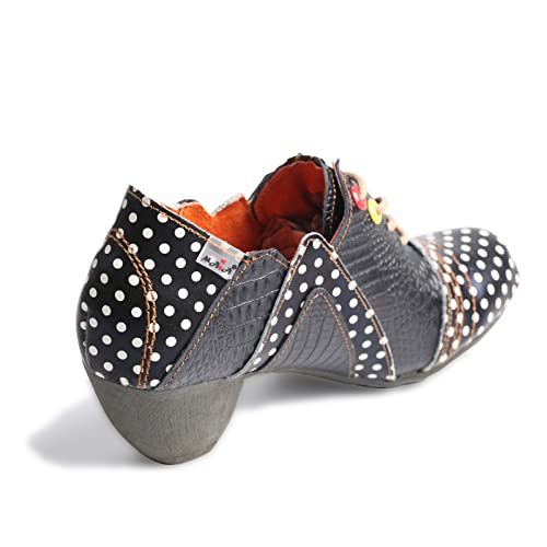 TMA EYES Women's Retro Polka Dot Leather Booties Low Heel Lace Up Women's Ankle Boots3