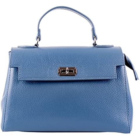 Primo Sacchi Ladies Italian Leather Medium Mid Blue Top Handle Grab and Shoulder Bag Handbag with Twist Lock Cover