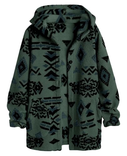 SELINK Womens Aztec Print Fleece Hoodie Jacket Button Down Shacket Casual Sherpa Coats Warm Outwear with Pockets