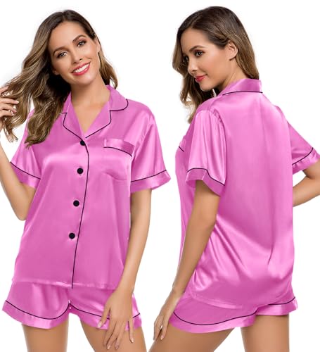 Image of LecGee Womens Silk Satin Pajamas Short Sleeve Loungewear Two-Piece Sleepwear Button-Down Pj Set
