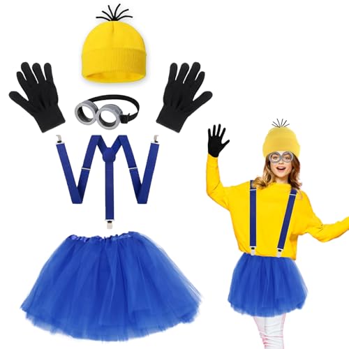 KEELYY 5-Teiliges Gelbes Kostüm set für Fasching Karneval Halloween Cosplay Party, gelbe Beanie-Mütze, Brille, Röcke, Handschuhe und Hosenträger für Erwachsener and Kinder
