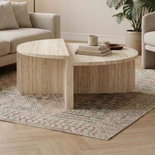 Image of HOCUS PICUS Aloeva 2Piece DShape Modular Coffee Table Set 90cm, Travertine