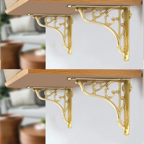 Image of GHAR DWAR Metal Handcrafted Shelf Bracket for Floating Shelves L Angle Decorative L Shaped Corner Brace Joint Heavy Duty Wall Mounted Shelf Supporter Brace Holder (Gold, Pack of 4)