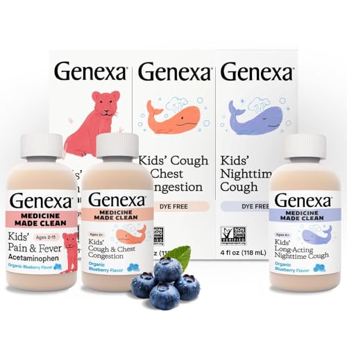 Image of Genexa Kids' Clean Cough, Pain & Fever Acetaminophen Value 3-Pack, Dye Free, 0% Artificial Additives, Cough Care for Children, Fever & Pain Reliever, 12 fl oz (3 Bottles)