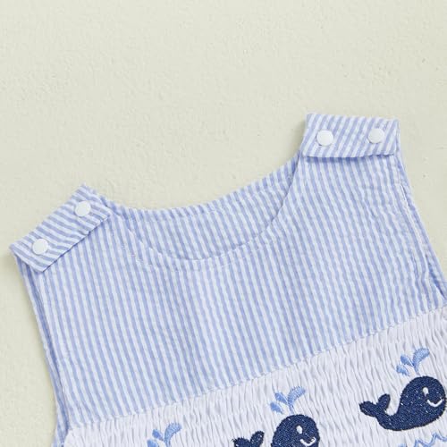 Newborn Baby Boys Sleeveless Seersucker Romper One Piece Straps Overalls Striped Jumpsuit Summer Smocked Clothes4