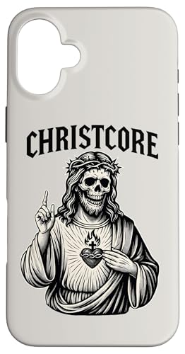 Christcore Skull Jesus Sacred Heart Edgy Christian メタルアート スマホケース iPhone 16 Plus 用