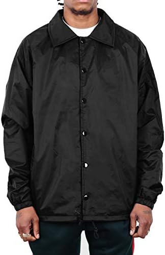 Shaka Wear Men’s Coach Jacket – Classic Windbreaker Nylon Water Resistance Relaxed Fit Snaps Blank Coat CJ02 Black 1XL