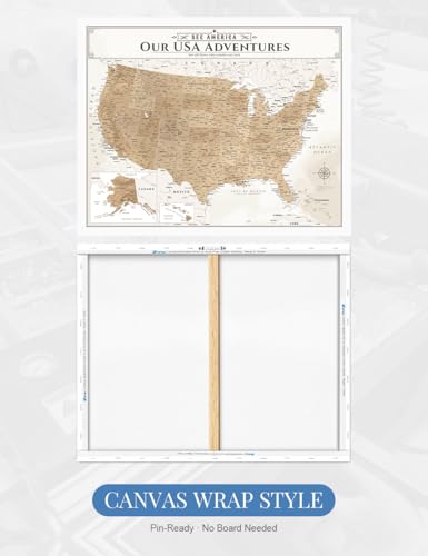 Image of IPIC - Canvas USA Maps for Wall Decor, Push Pin Map Decor to Mark Travels, Large USA Travel Map Print for Home, Office, Study, and RV, Ready to Hang