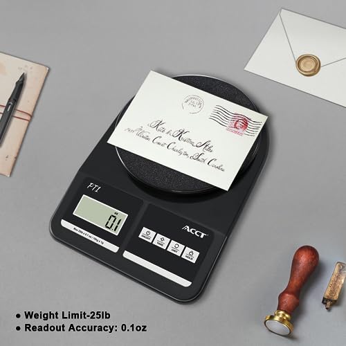 ACCT Postal Scale, Letter Scale 25lb-0.1oz High Accuracy, Shipping Scale for Office/Small Business/Mail/Envelope, 5 Units, Hold Function, Postage Scale with Battery