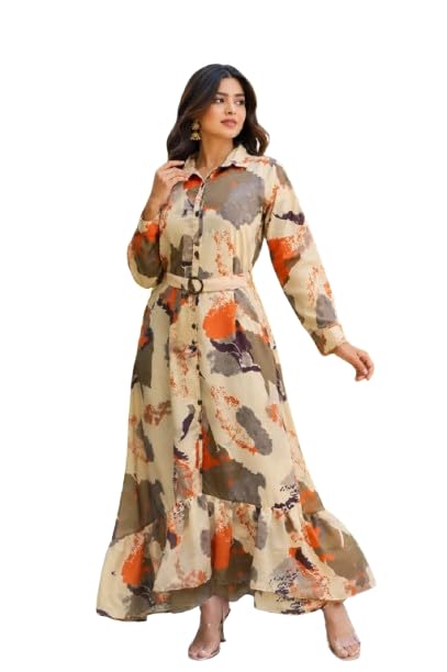 Cream Color Nida Fabric no Transparency Front Button Open Pattern Abstract Print ShirtStyle Cuffs Regular Sleeve Pattern with Belt Gown-image-35