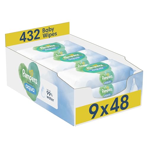 Pampers Harmonie Aqua Baby Wipes Plastic Free 9 Packs of 48 Wipes, 432 Baby Wet Wipes, Help restore natural skin pH, Delicate lotion with 99 percent water