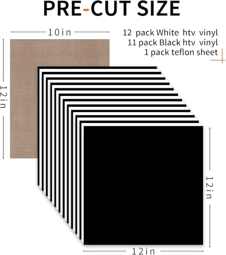 Image of HTV Heat Transfer Vinyl: 12 White HTV Vinyl & 11 Black Heat Transfer Vinyl | 12 White HTV Vinyl & 11 Black Heat Transfer Vinyl, 12 inchx12 inch PU Iron on Vinyl & 1 PTFE Sheet Easy to Cut & Weed for Heat Design