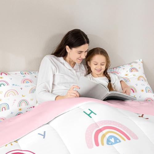 Image of Feelyou Cartoon Rainbow Letters Bedding Set Soft for Boys Girls, ABC Alphabet Comforter Set Queen Size Cute Rainbow Duvet Quilt Microfiber Educational Bedroom Decor 3 Pcs with 2 Pillow Cases