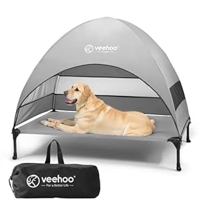 Veehoo Outdoor Dog Bed with Canopy, Cooling Elevated Pet Cot with Removable Shade, Non-Slip Feet, Raised Dog Cot for Large Dogs, Pet Tent Bed for Camping, Beach, Large, Grey, CWC2411