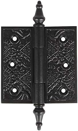 Set of 2, 3 1/2 inch Steeple Tip Cast Iron Decorative Door Hinge Hardware in Black Powder Coat Finish