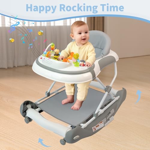 Image of 5 in 1 Baby Walker, Music and Lights Walker for Baby Boy Girls 6-12 Months, Foldable Baby Walkers with Wheels and Bouncer Combo Portable, Toddler Infant Walker with Adjustable Height