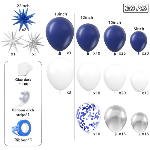 Image of 153Pcs Navy Blue and Silver Balloons Garland Arch Kit with Stars -22 18 12 10 5 inch Different Size Royal Blue White Silver Latex Balloon for Birthday Baby Shower Anniversary Party Decorations