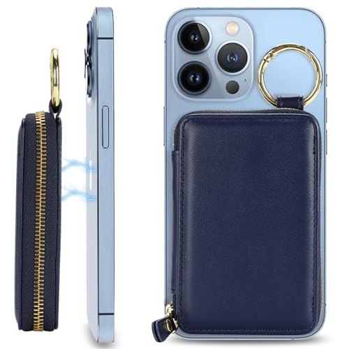 Image of Compatible with MagSafe Wallet,Magnetic Phone Wallet Card Holder for iPhone 17 /16 Pro Max /15 plus /14 Pro /13 /12 Series,PU Leather Zipper Pocket Adjustable Stand-Blue