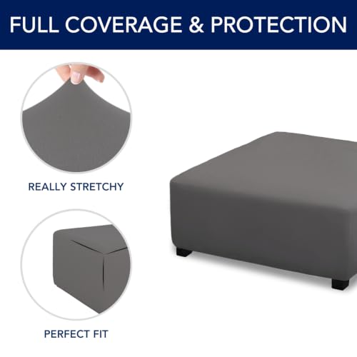 Image of PureFit Super Stretch Form Fit Ottoman Cover Rectangle - Ottoman Slipcovers for Foot Stool Cover & Folding Storage Slipcover for Living Room with Nonslip Elastic Bottom (Medium-L, Gray)