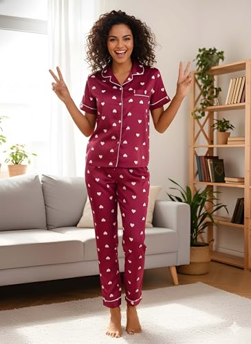 Image of Women's Lycra Heart Printed Night Suit Set of Shirt & Pajama Set Women Night Wear Set,Night Dress for Woman