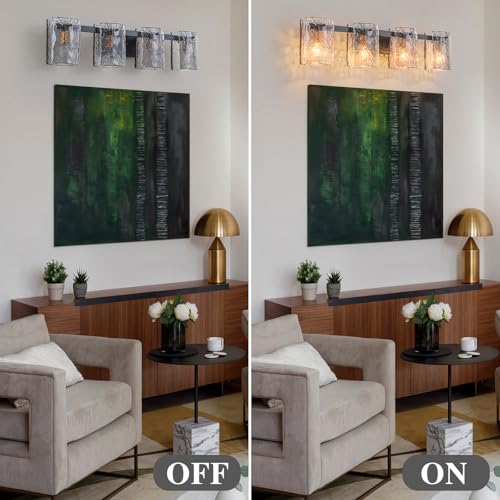 Image of EDISLIVE Vintage Bathroom Vanity Light Black 4-Light Bath Wall Light Fixture with Ripple Block Shades Glass 32.9 inch E12 Antique Wall Sconce for Bedroom Hallway Living Room Vanity Mirror