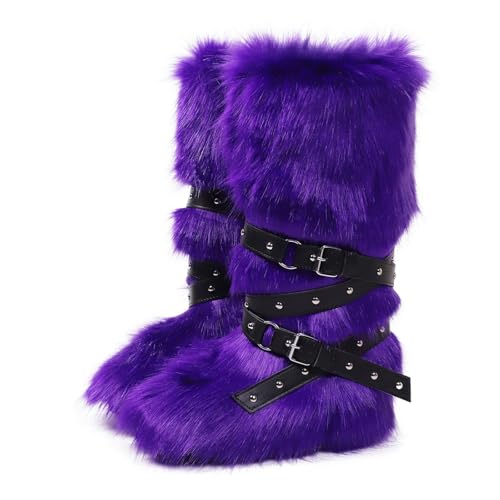 CSRZPMG Women Knee High Furry Faux Fur Boots Fuzzy Fluffy Round Toe Anti Slip Suede Warm Snow Long Boots Winter Comfy Fashion Plush Outdoor Indoor Flat Boot