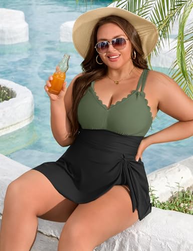 Image of Charmo Plus Size Bathing Suit for Women One Piece Swimdress Tummy Control Ruched Swimsuits Scalloped V Neck Swimwear Army Green Black 3X