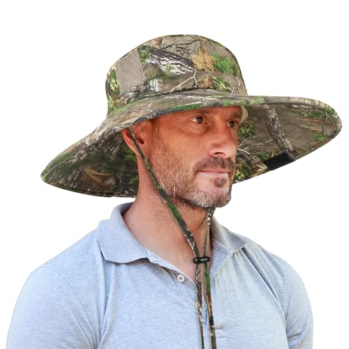 Image of Men Safari Sun Hat Wide Brim Boonie Fishing Cap with Adjustable Drawstring