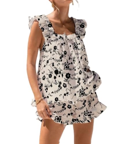 Image of ROAONOCOMO Women Floral Pajama Set Ruffle Babydoll Cami Top Coquette Pj Set Gingham 2 Piece Shorts Outfit Bridal Loungewear