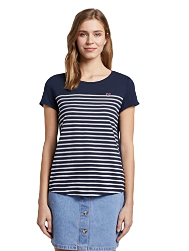 TOM TAILOR Denim Damen Streifen T-Shirt mit Herz-Stickerei auf der Brust,22701 - Navy Off White Stripe,L