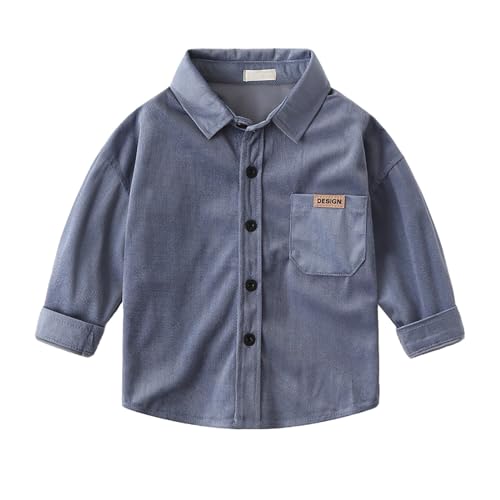 RNTOP Boys' Long Sleeve Dress Shirts Jacket Solid Color Corduroy Shirt Collared Button-Down Tshirt Top (Blue, 6-7 Years)