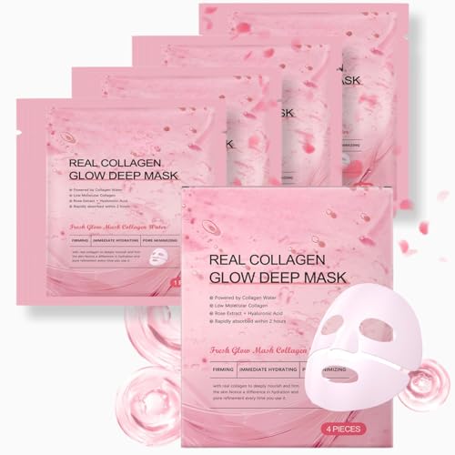 Real Collagen Face Mask Korean Skincare: Deep Moisturizing Mask,Sheet Mask for Deep Hydration Anti-Wrinkle & Pore Minimizing, Hyaluronic Acid & Rose Extract, Glow like Glass Skin (4PCS, Fresh)