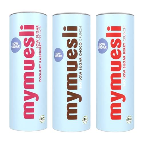 mymuesli Bio Low Sugar Müsli 3er Set (3x 575g) Berry Crunch (vegan) Choco Crunch (vegan) & Raspberry Yoghurt weniger als 5% Zuckerateil - zuckerarmes Frühstück knuspriges Crunchy ohne Palmöl