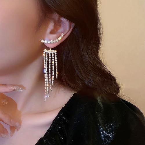 Sparkly Rhinestone Tassel Earrings for Women Long Crystal Dangle Drop Earrings Tennis Zirconia Chandelier Statement Earrings Wedding Prom Jewelry Gifts4