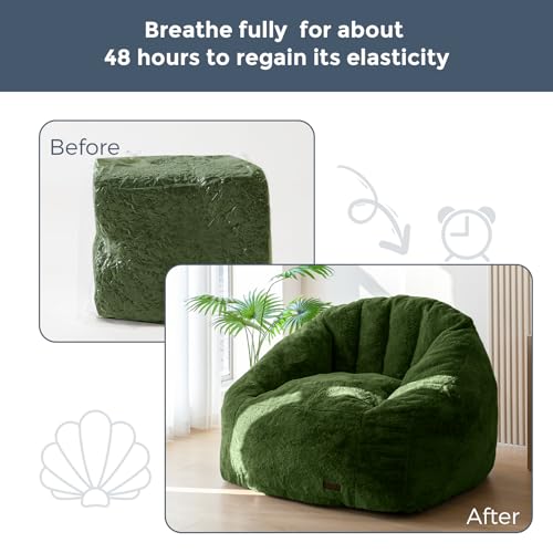 Image of MAXYOYO Giant Bean Bag Chair, Oversized Bean Bag Couch for Adults and Kids, Faux Fur Shell-Shaped Large Chair with Filler, Stuffed Big Accent Sofa Floor Sofa for Gaming, Reading, Green