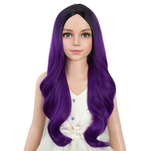 Image of PATTNIUM Dark Purple Wig for Kids Girls Long Curly Wavy Wig Ombre Purple Wigs Middle Part Black to Purple Wigs Heat Resistant Synthetic Hair