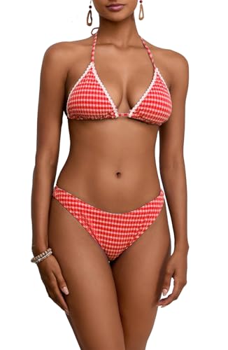 Image of Women Sexy String 2 Piece Bikini Set Cheeky Halter Plaid Swimsuits